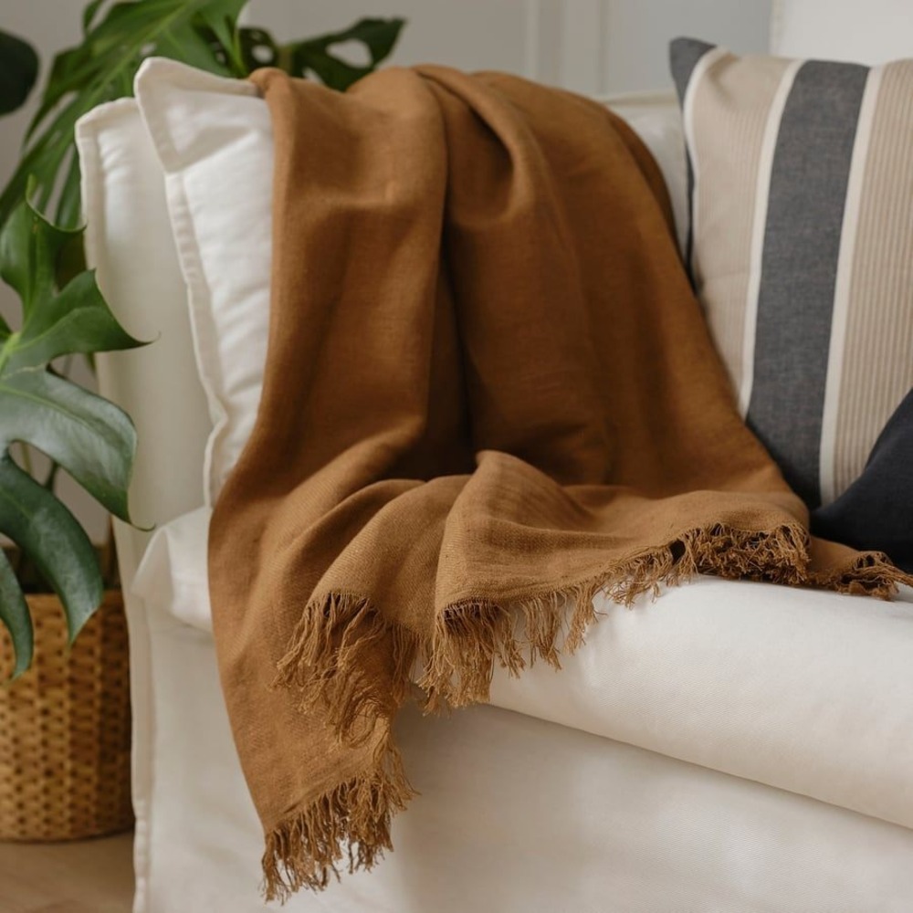 IKEA Dytag Linen Cotton Blend Throw Blanket Brown Boho Minimalist 905.421.02
